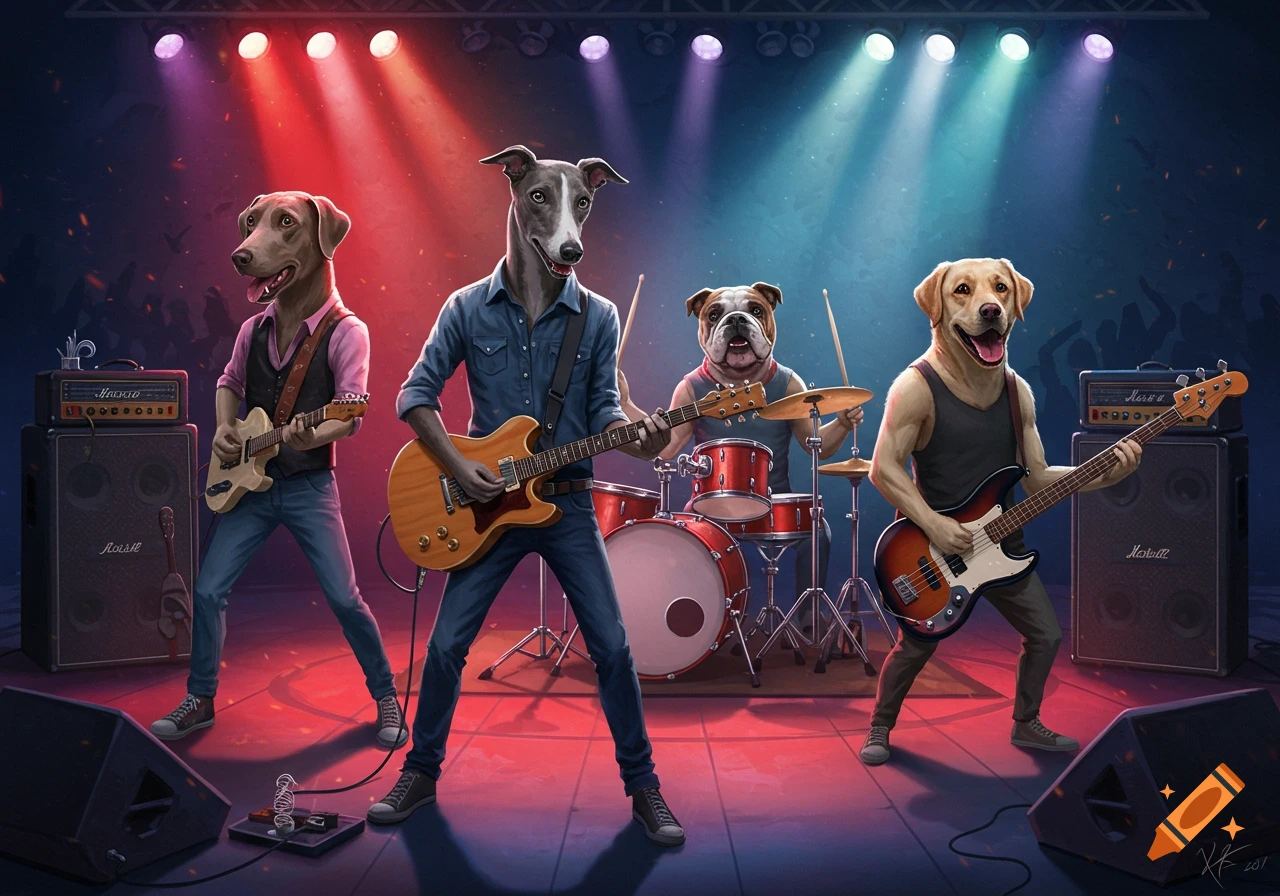 A rock band of anthropomorphic dogs, including a Labrador, Whippet, and Bulldog, performs on a stage with colorful spotlights.