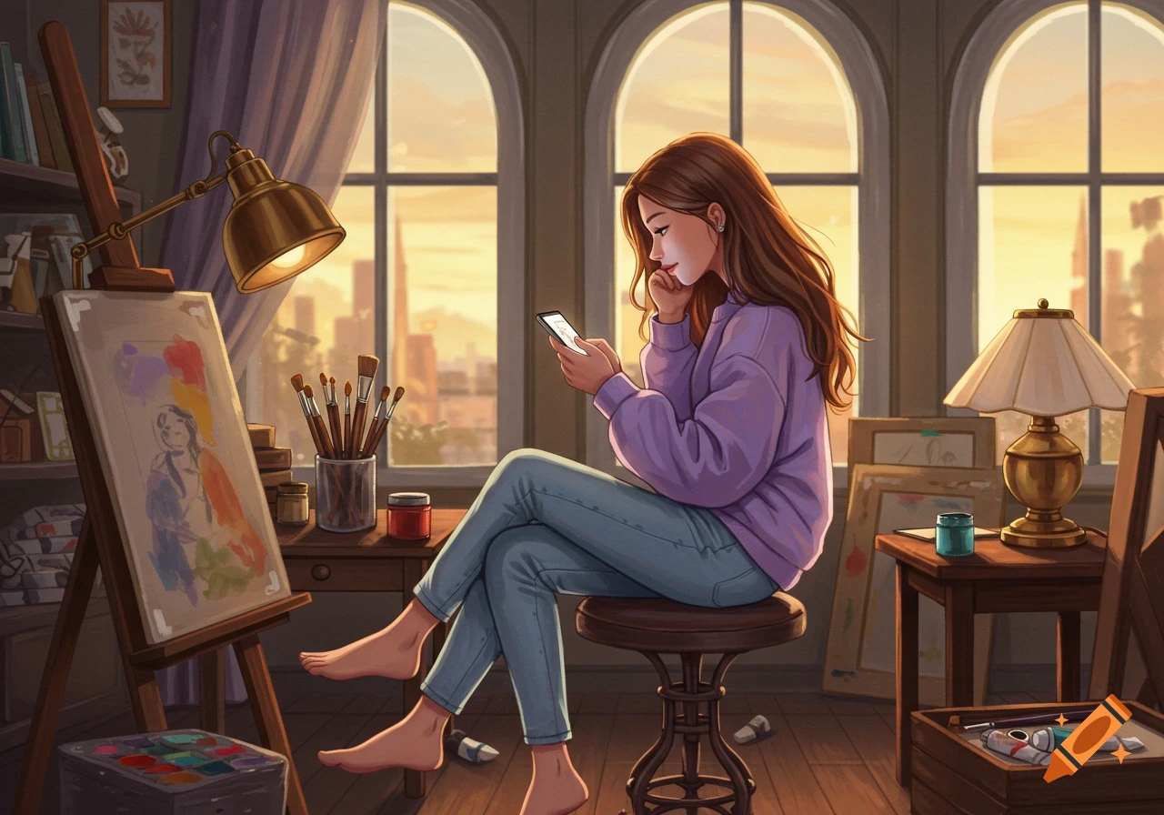 An anime-style illustration of a young woman with long brown hair sitting in an art studio at sunset, looking at her phone. An easel with an abstract painting stands nearby.
