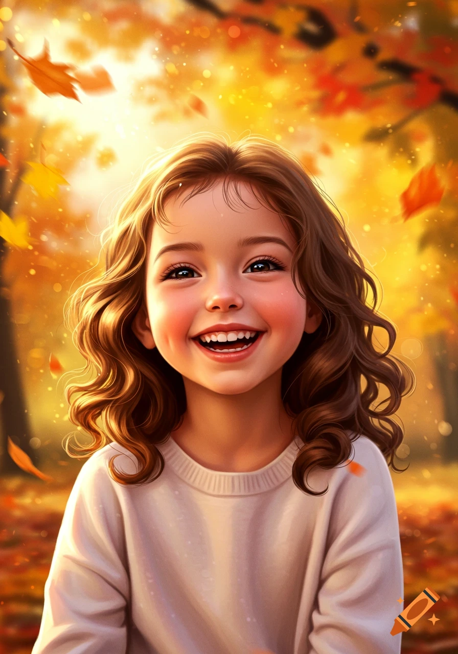 A cute girl with curly brown hair smiling brightly in a warm, sunny autumn forest with falling leaves.