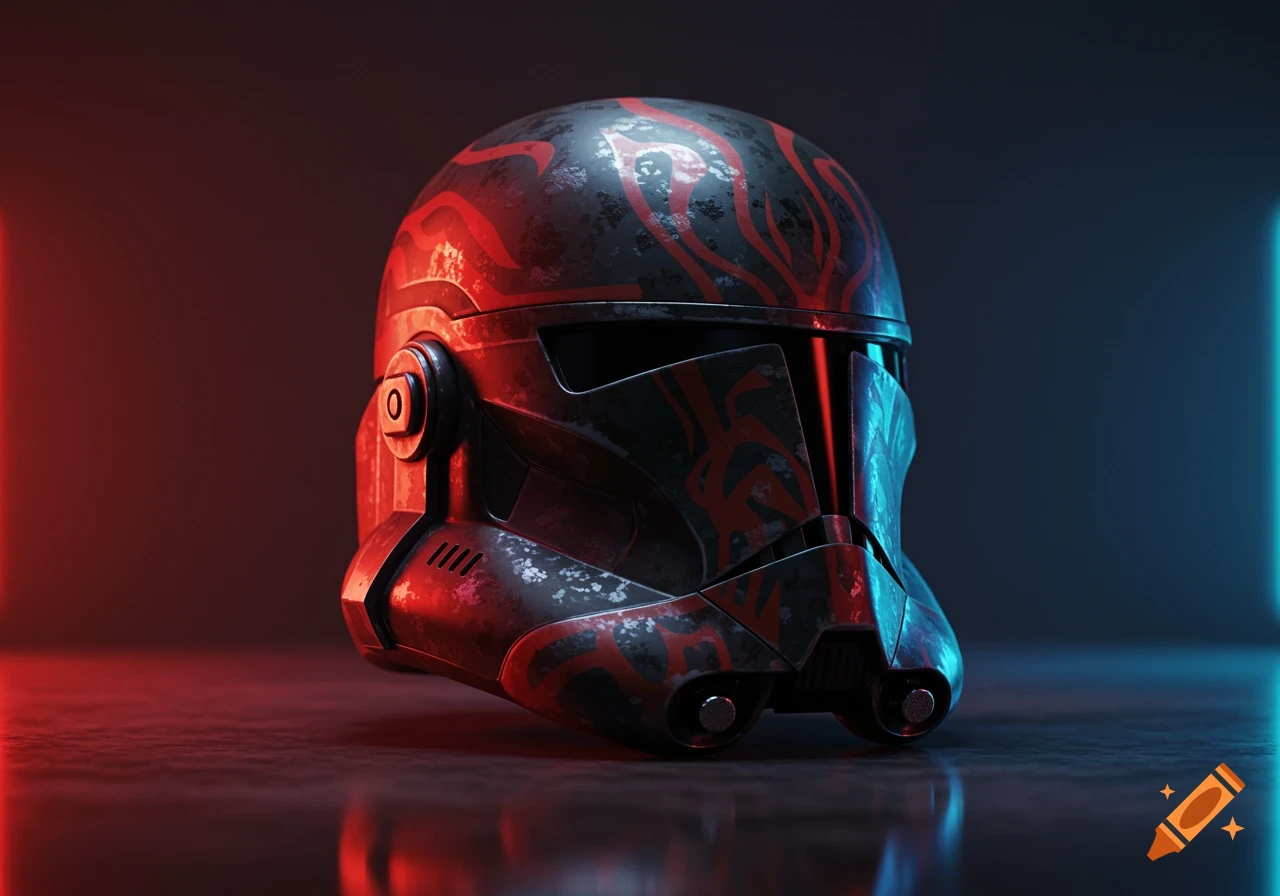 A dark, battle-worn sci-fi helmet with red tribal patterns, illuminated by red and blue neon lights.
