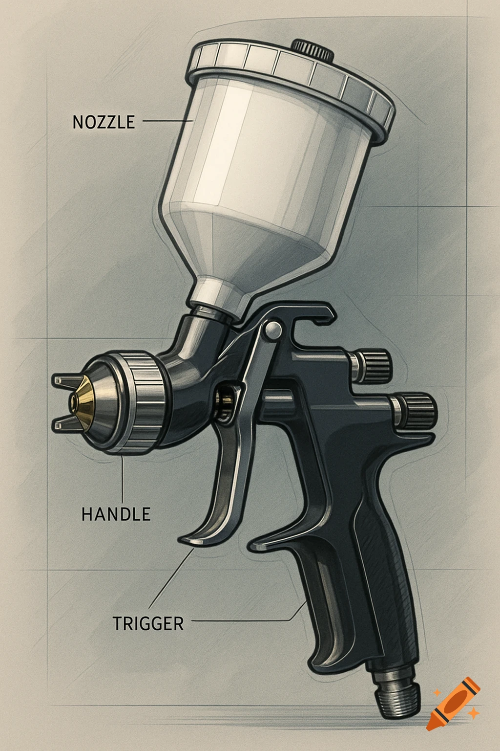 Greyscale technical drawing of an automotive spray gun with parts labeled as nozzle, handle, and trigger.