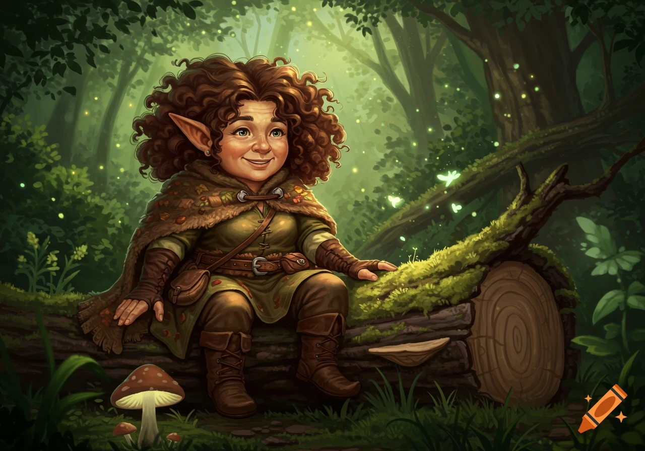 A curly-haired gnome with pointy ears sits on a mossy log in a magical forest filled with fireflies.