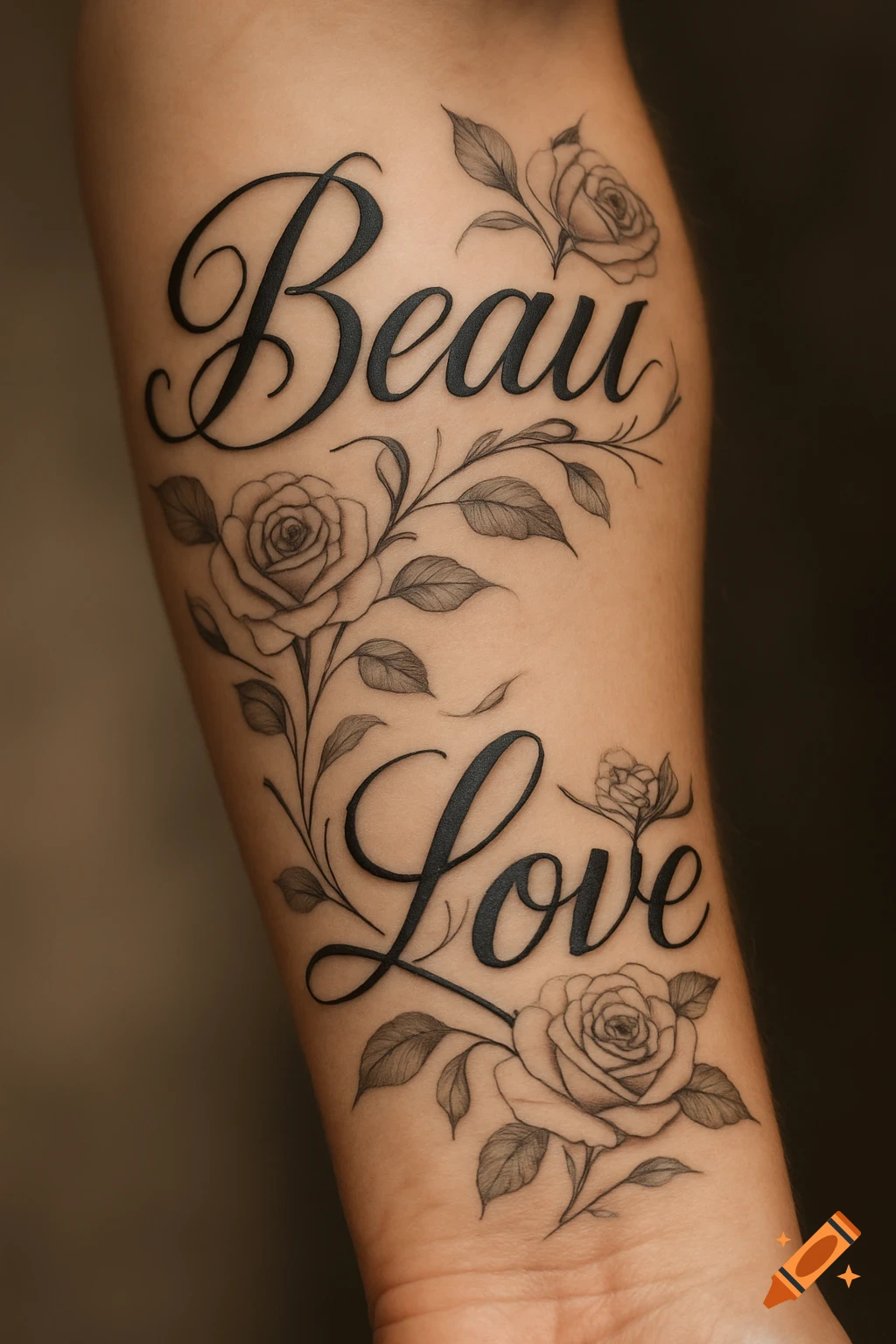 A tattoo on an arm featuring the script words 'Beau' and 'Love' intertwined with delicate rose and leaf designs.
