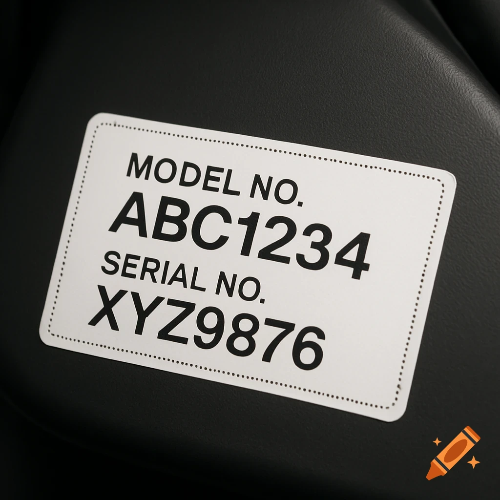 A white rectangular product label with black text 'MODEL NO. ABC1234 SERIAL NO. XYZ9876' on a black matte surface.
