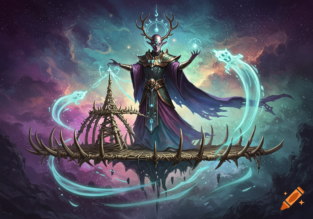 A fantasy antlered mage in purple robes floats on a bone platform, casting light spells in a starry cosmic sky.