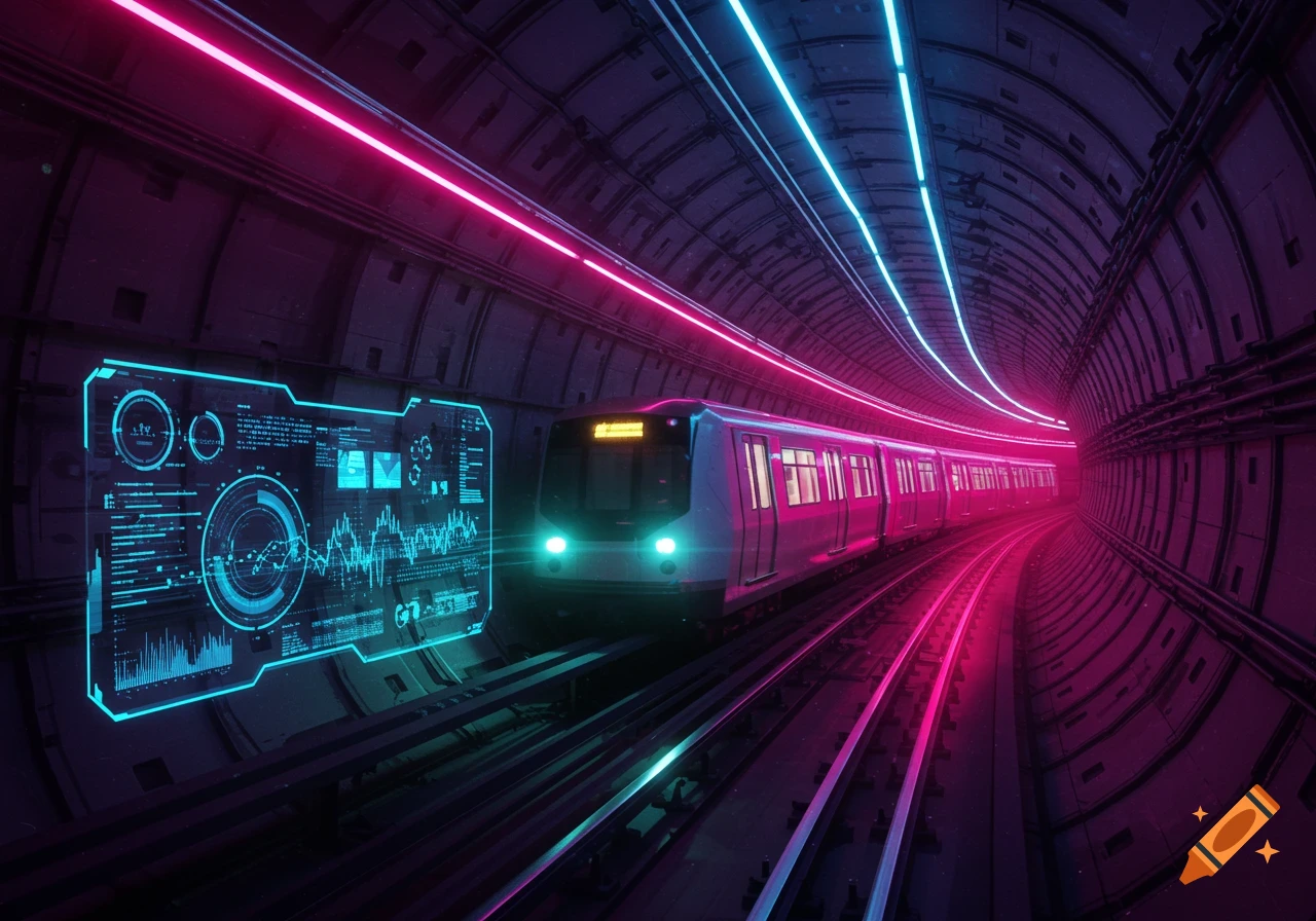 A futuristic subway train speeds through a neon-lit tunnel with vibrant pink and blue lights, next to a glowing holographic display.