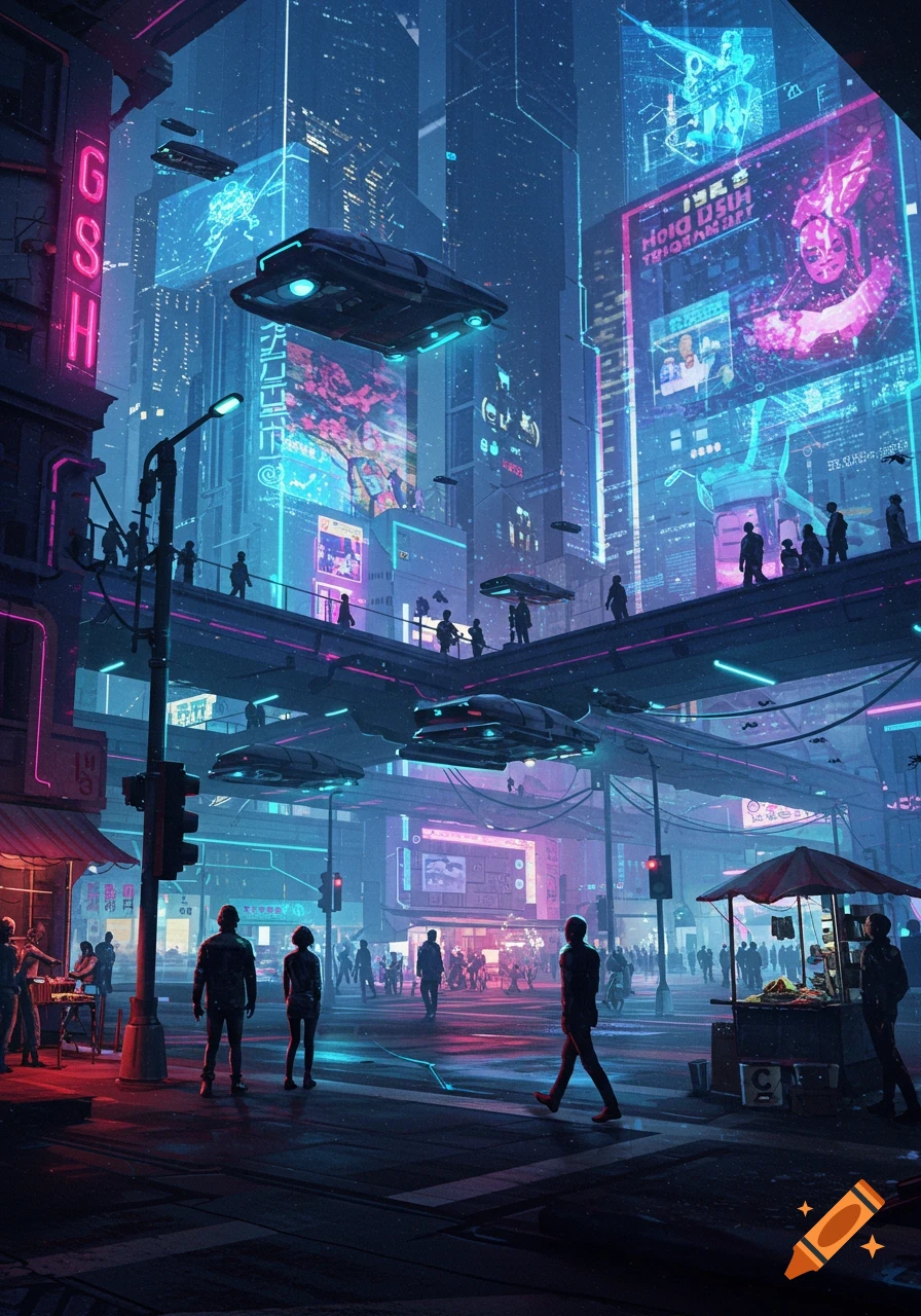 A vibrant, neon-lit futuristic city at night, with flying vehicles, towering skyscrapers, and people walking on streets and elevated platforms.