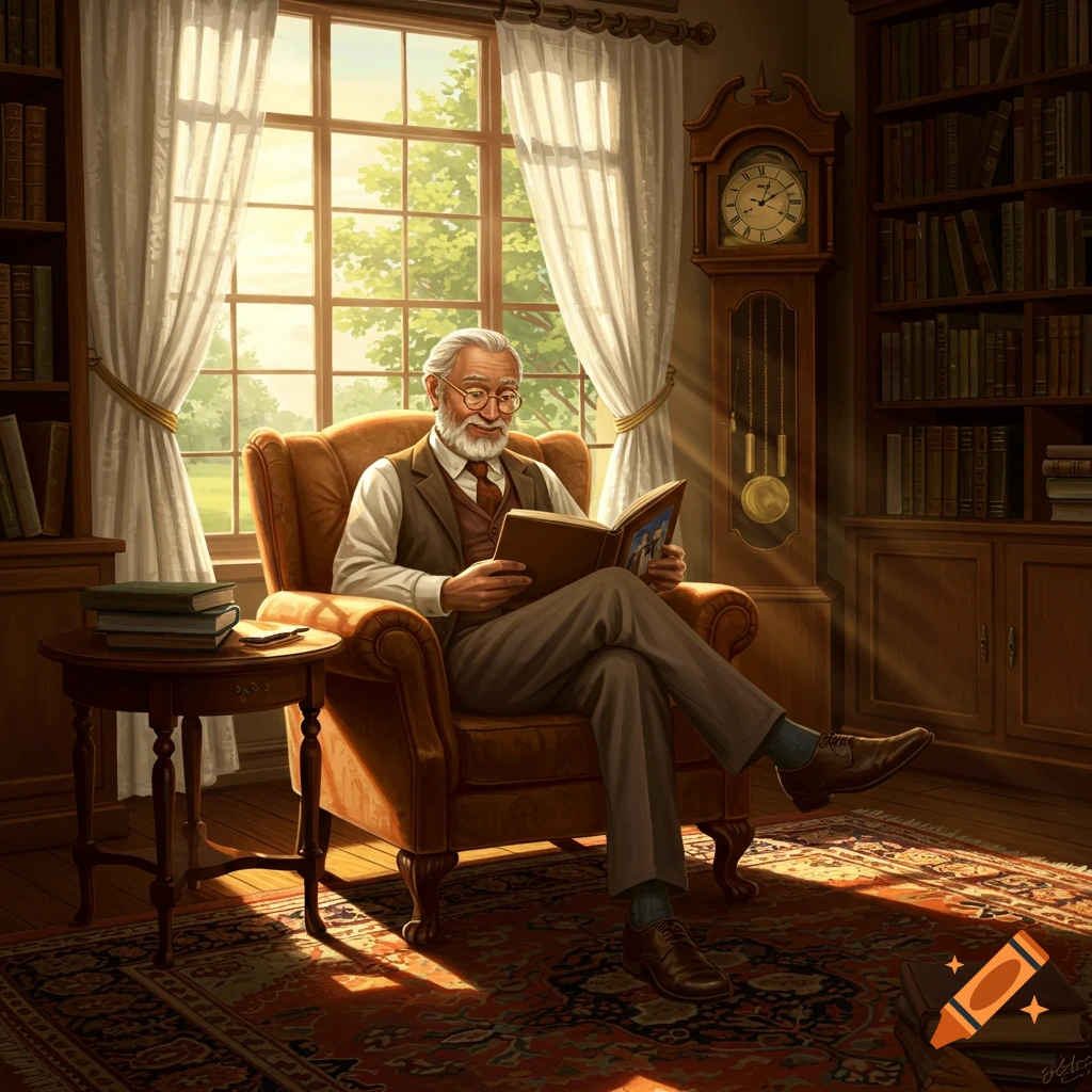An elderly man sits in a sunlit armchair reading a book in a detailed library with bookshelves and a grandfather clock.