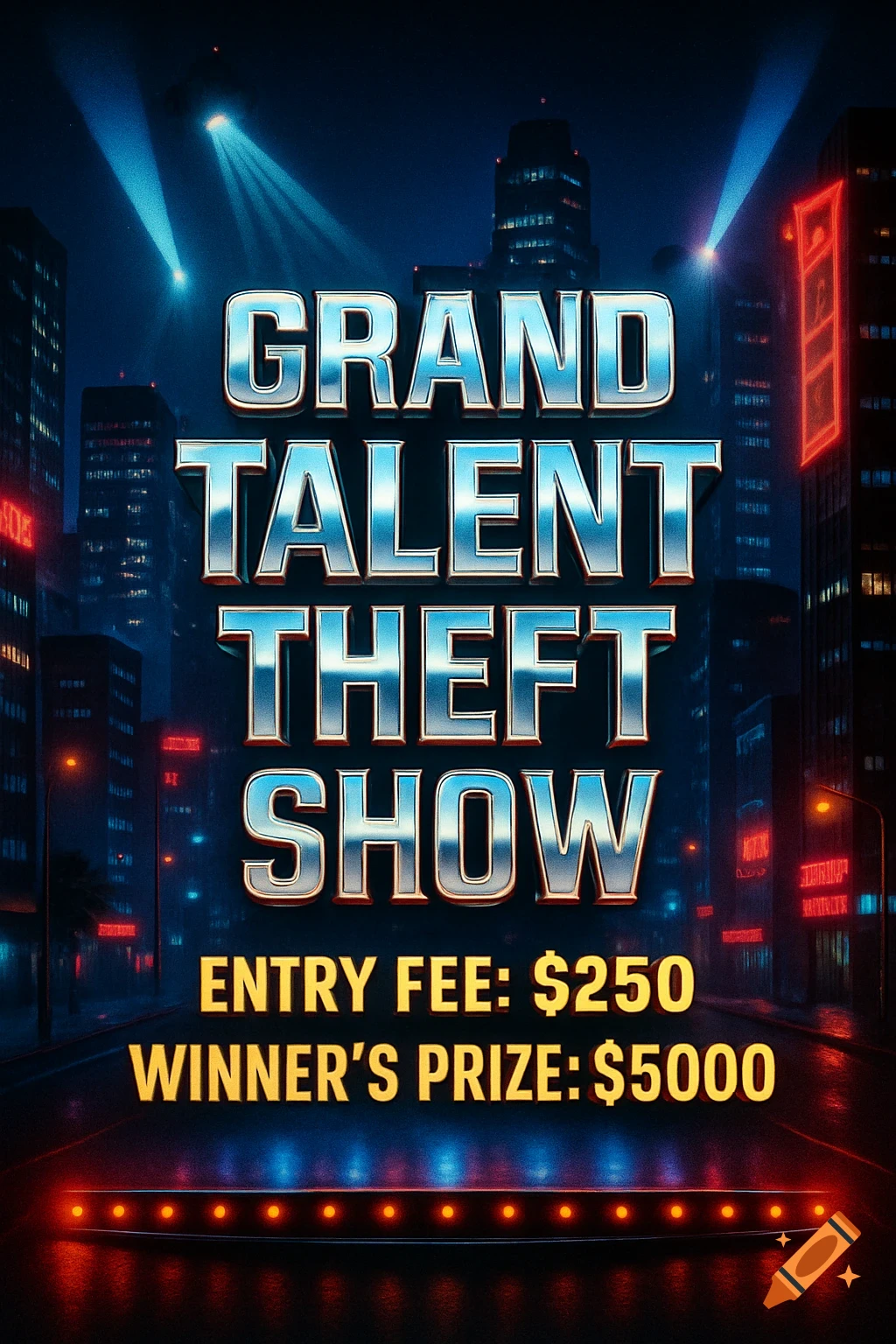 A vibrant poster for a 'Grand Talent Theft Show' set against a neon-lit cityscape at night, detailing entry fee and prize.