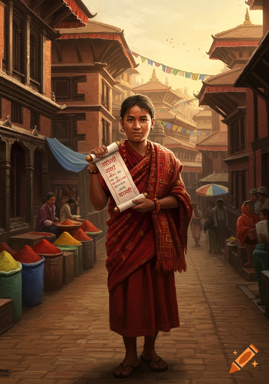 A young person in red traditional attire holds an illegible scroll, standing in a bustling market street with colorful powder vendors and traditional buildings.