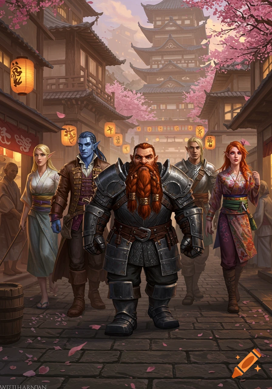 A dwarf in heavy armor and a diverse group of elves and humans walk through a Japanese-themed town with cherry blossoms.