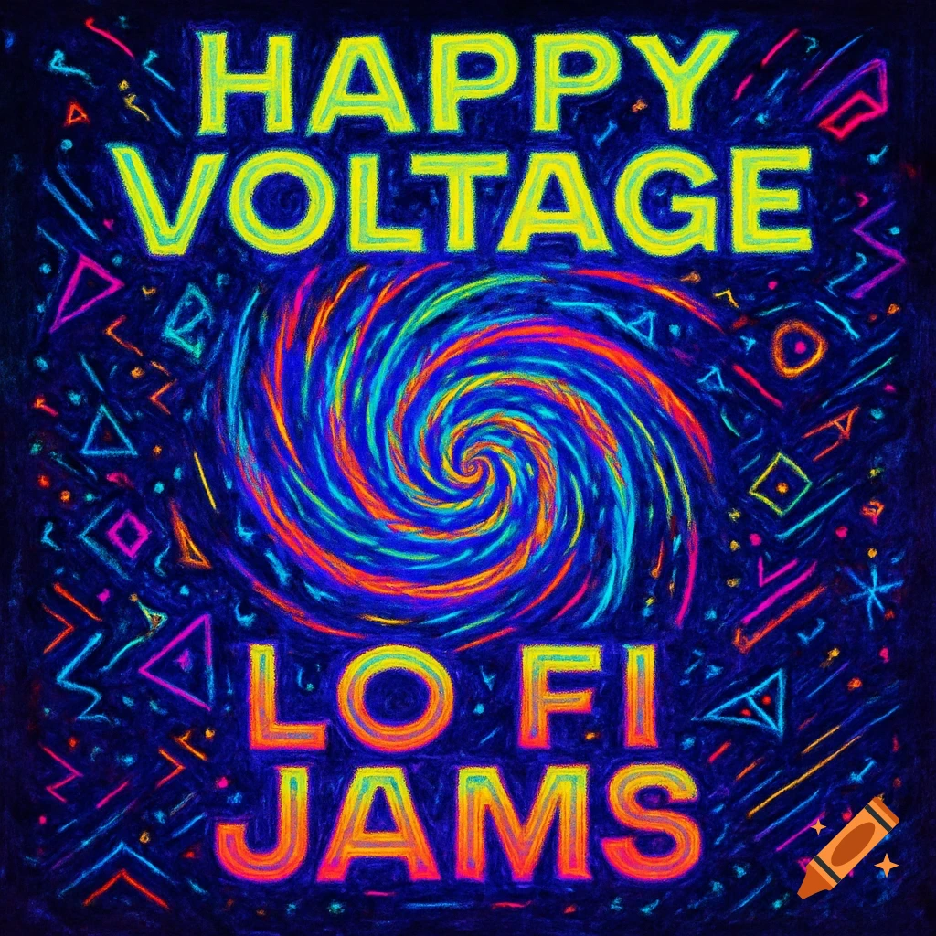 A neon psychedelic album cover featuring the text 'HAPPY VOLTAGE' and 'LO FI JAMS' in vibrant yellow and orange, with a swirling rainbow vortex at its center, against a dark background with scattered colorful geometric shapes.