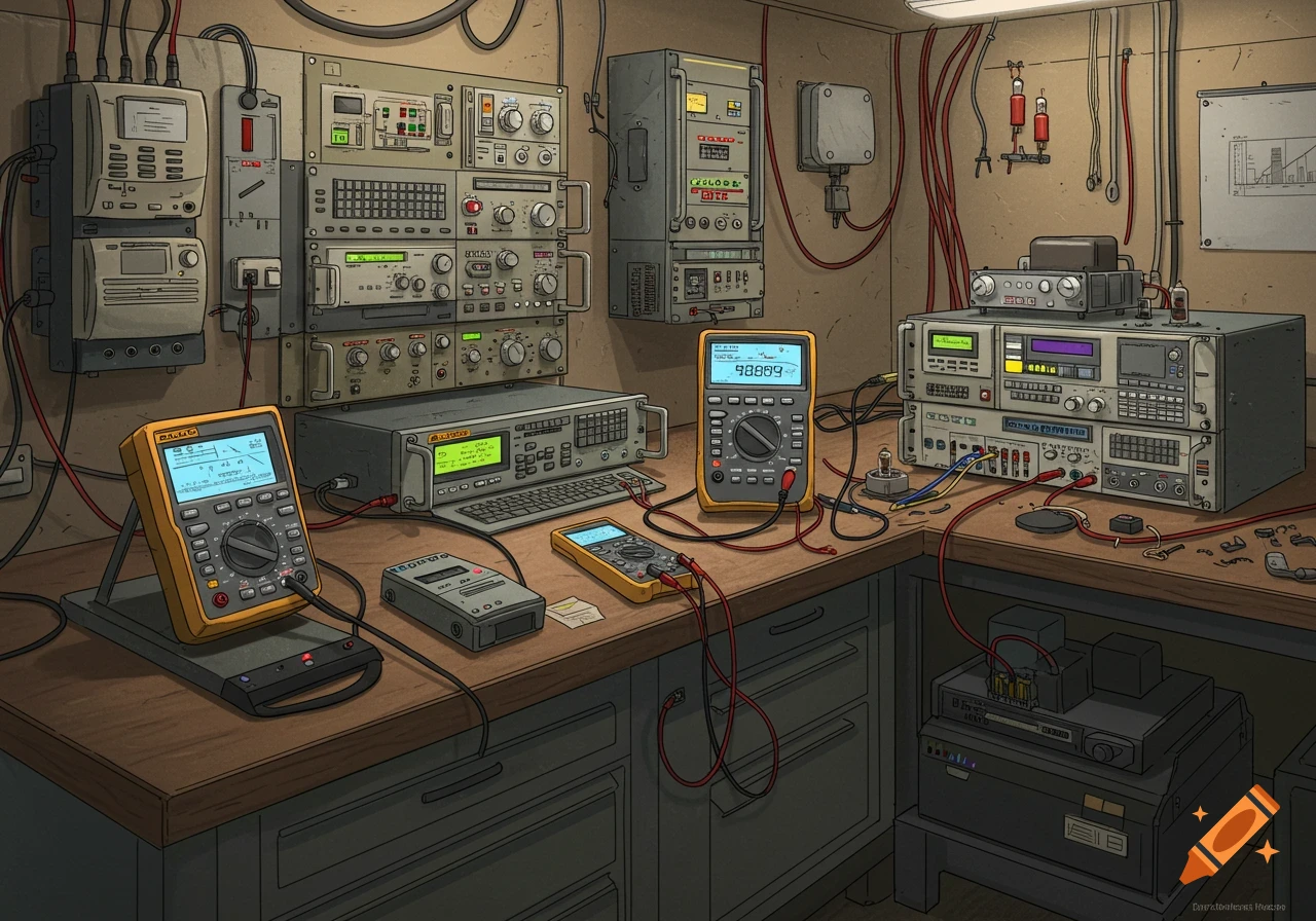 A detailed illustration of an electronics workshop with various lab equipment, including multimeters, power supplies, and racks of instruments, on a wooden workbench.