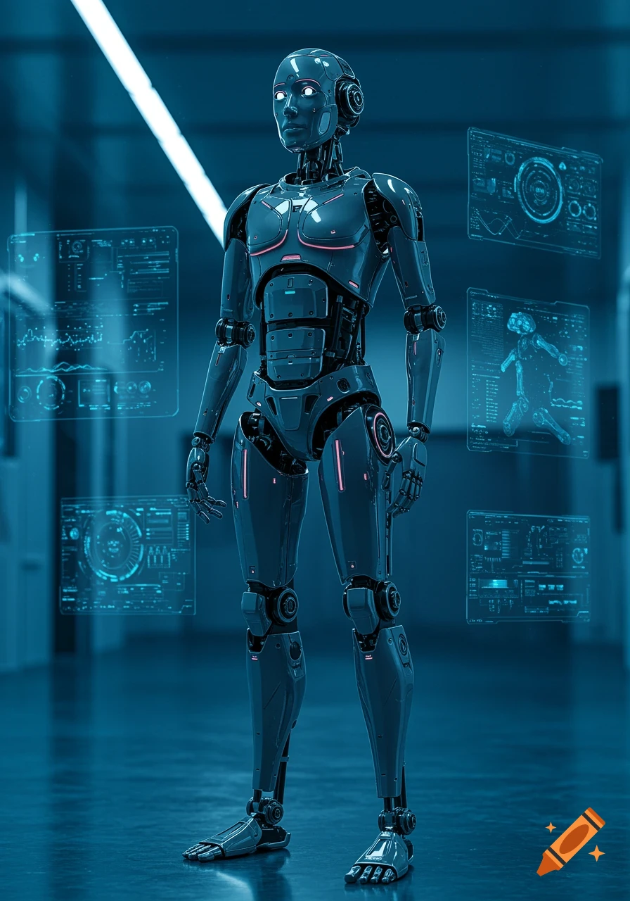 Photorealistic rendering of a humanoid robot standing in a futuristic blue-lit room, surrounded by holographic data screens.