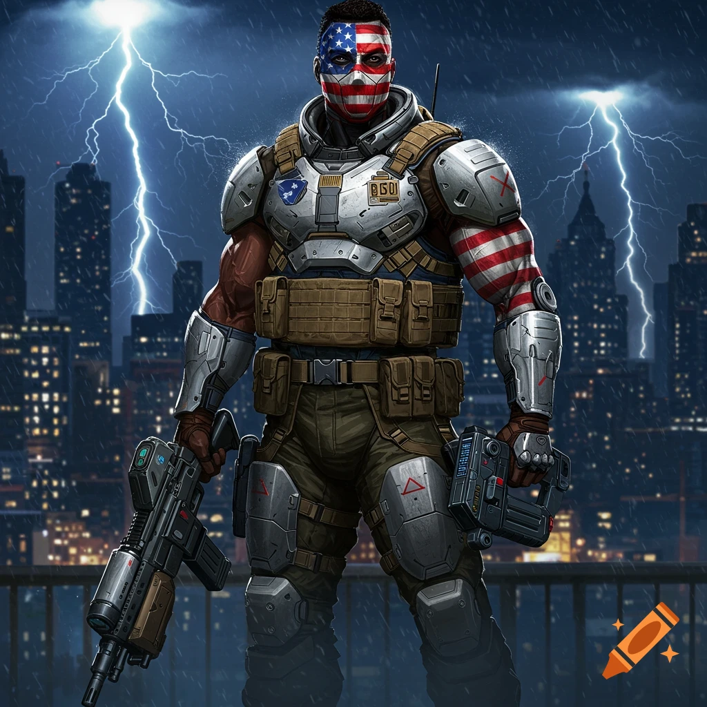 A superhero in ballistic armor and an American flag mask, holding weapons, against a lightning-struck city night background.
