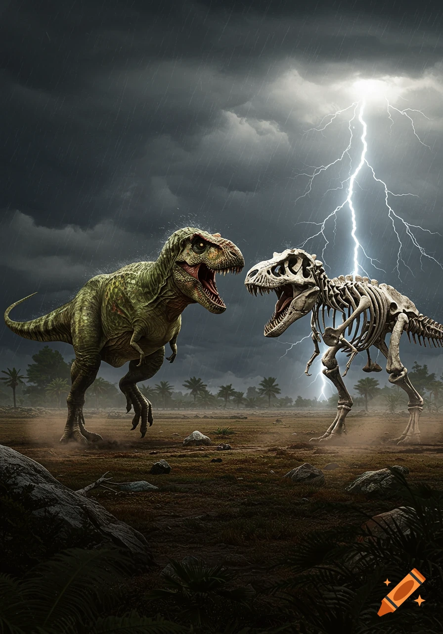 A green T-Rex faces a T-Rex skeleton in a stormy, lightning-lit prehistoric landscape.