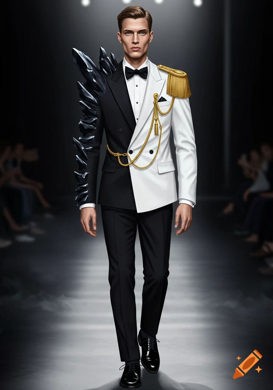 A male model on a runway wearing a unique half-black tuxedo with crystal shards and half-white tuxedo with gold military epaulets.