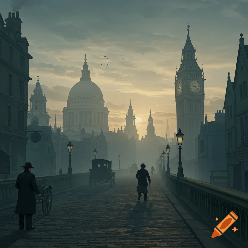 Foggy 1910s London cityscape at sunrise with Big Ben, St. Paul's Cathedral, and silhouetted figures on a bridge.