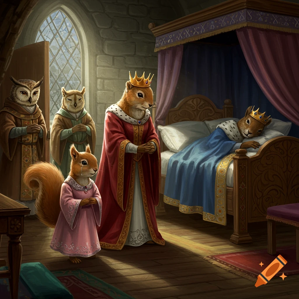 A sad squirrel princess and queen, with two solemn owl advisors, stand in a medieval bedroom where a squirrel king sleeps in a royal bed.