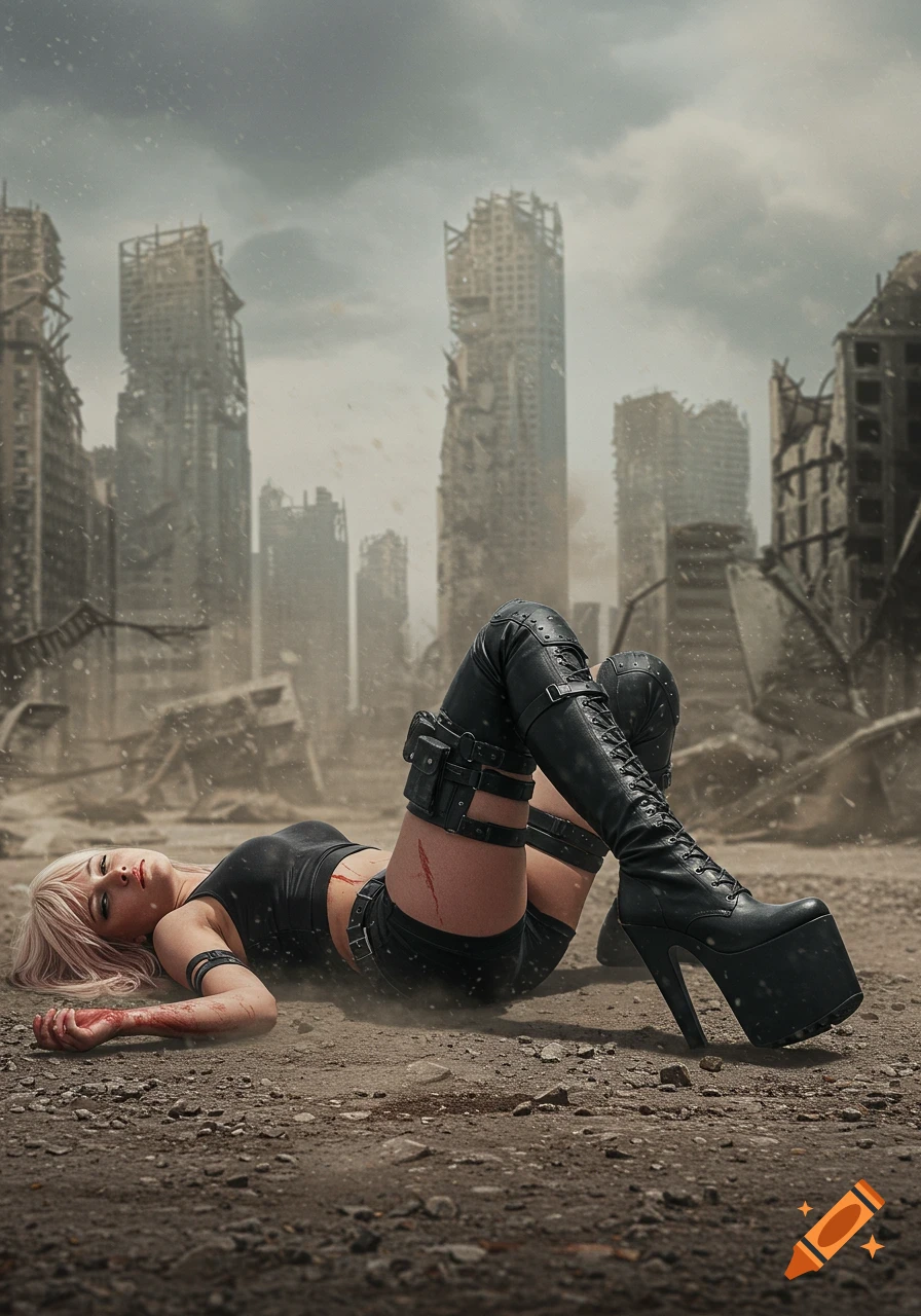 A young woman in black cyberpunk attire and tall platform boots lies on dusty ground amidst the ruins of a city.