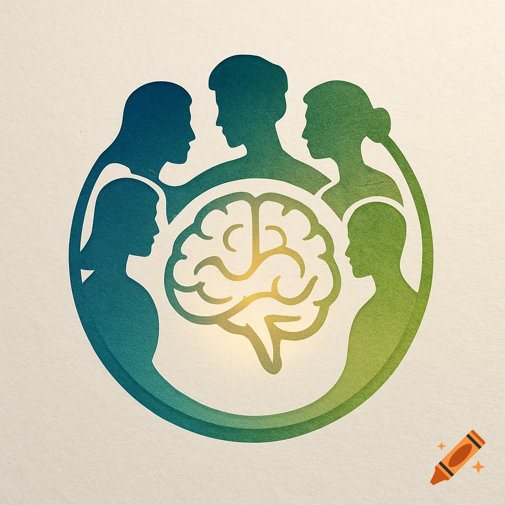 Stylized paper cut-out logo of multiple human silhouettes in a circle around a glowing brain, with a blue-green gradient.