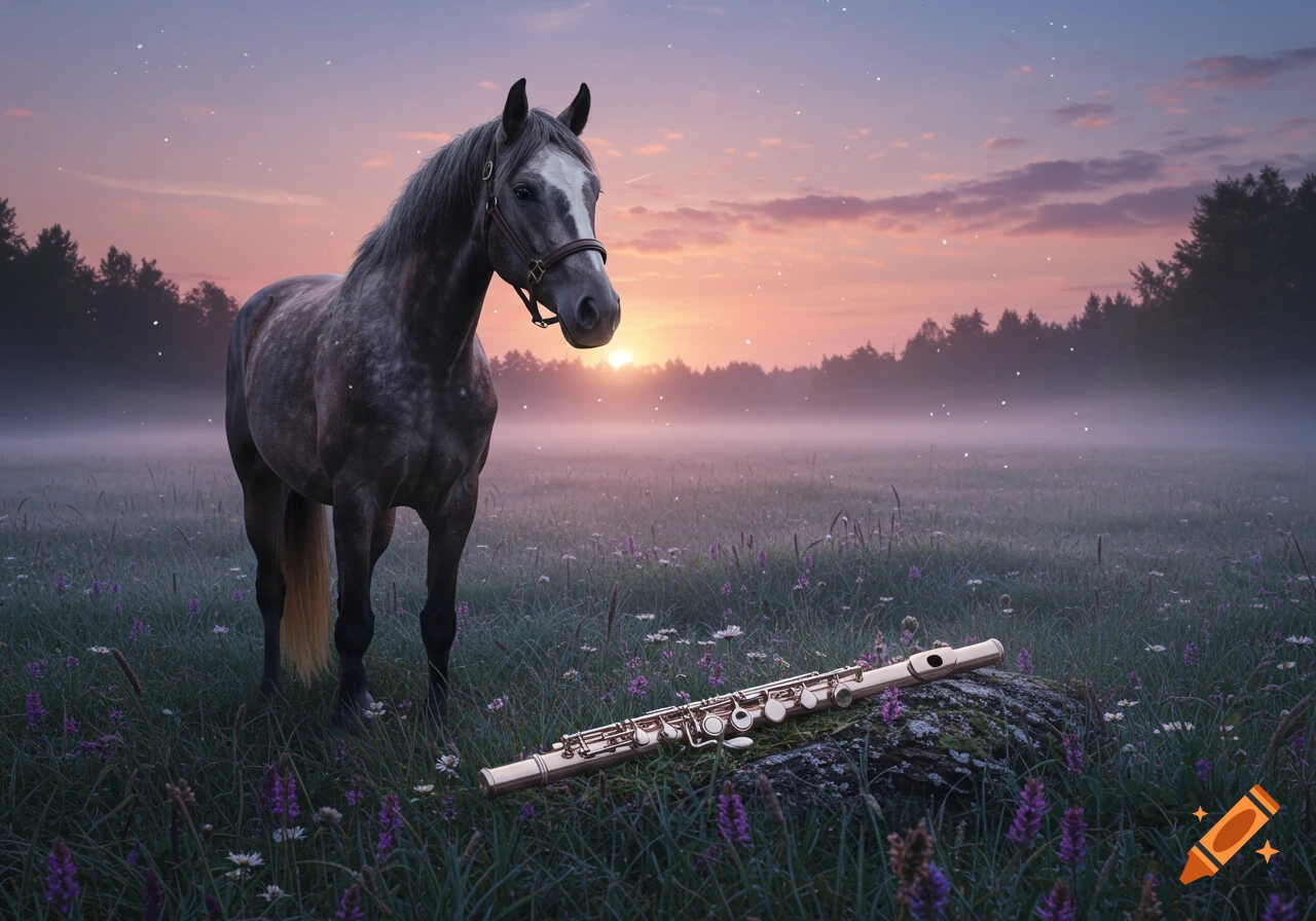 A dapple gray horse stands in a misty field with purple and white wildflowers at sunset. A silver flute rests on a mossy log in the foreground.