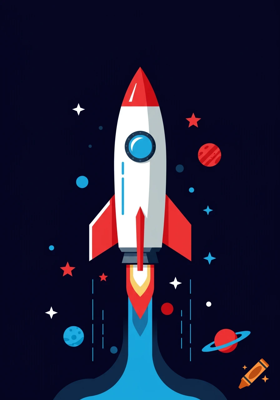 A flat vector illustration of a white and red rocket ship launching into space, surrounded by colorful planets and stars.