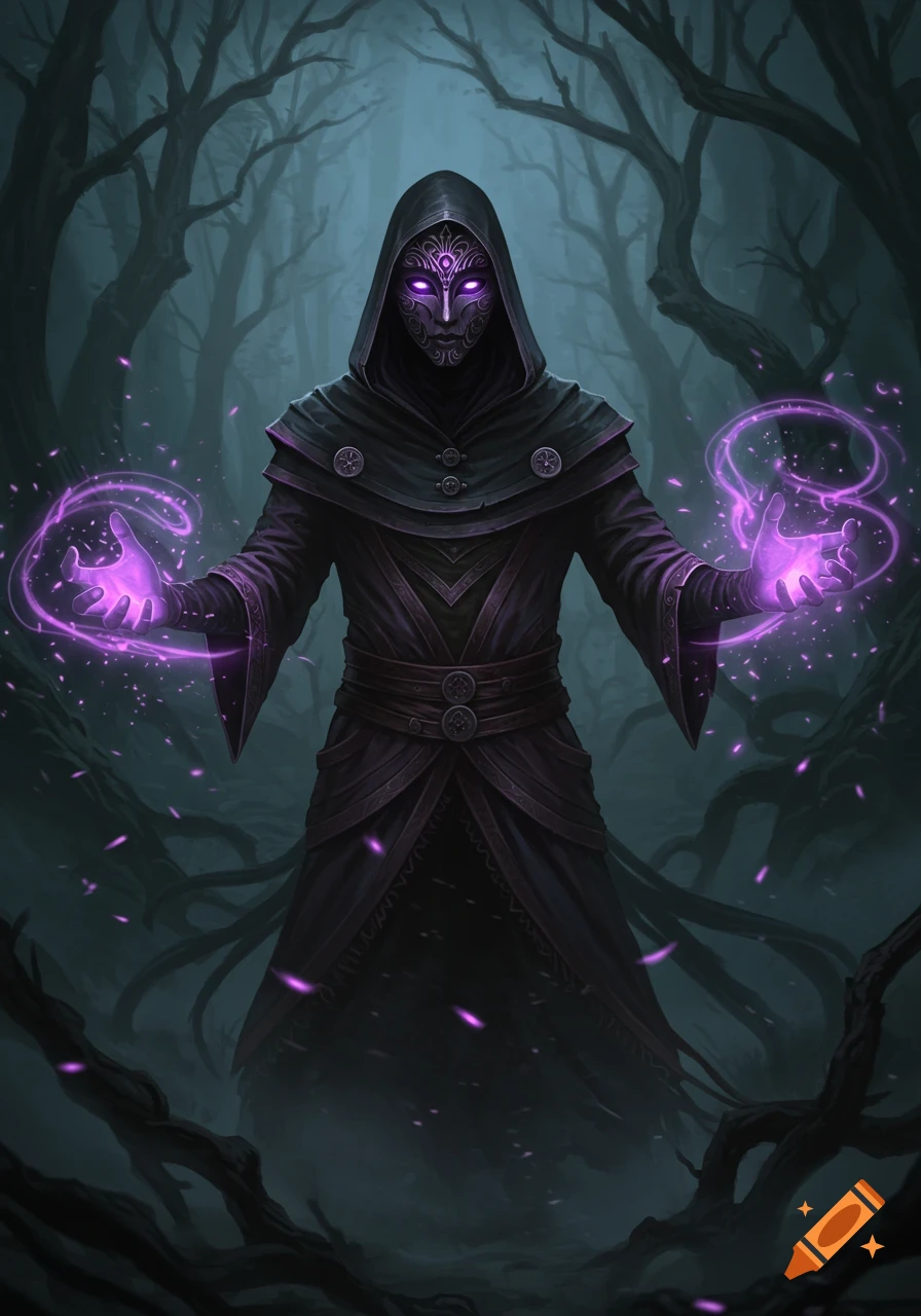 A mysterious hooded figure wearing an ornate mask casts purple magic in a dark, ominous forest.