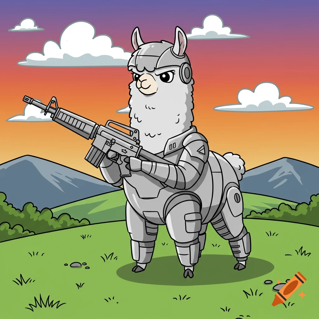 A cartoon alpaca in gray military armor holds an M16 rifle on a grassy hill with mountains and an orange sky.