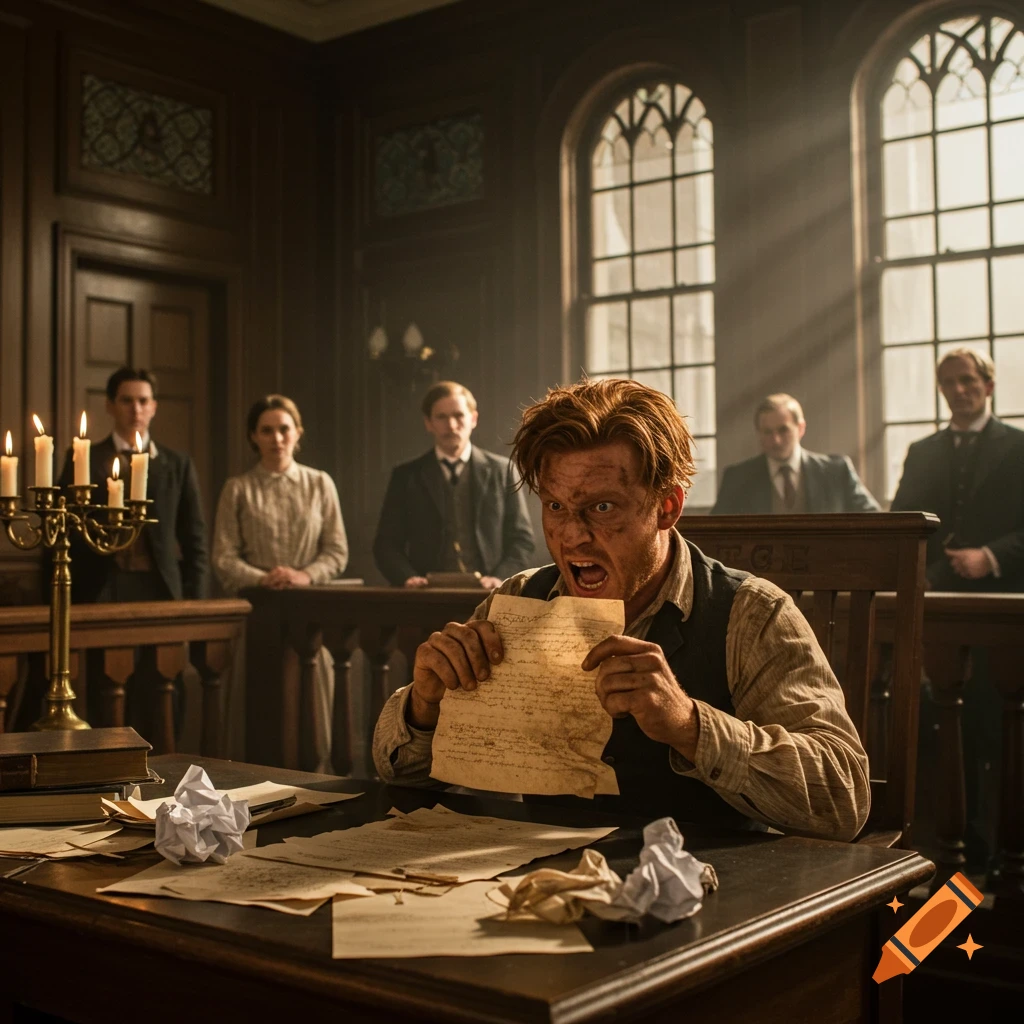 A man with auburn hair and mud on his face angrily holds and bites a piece of paper in a dimly lit 1897 courtroom. Others stand behind him.