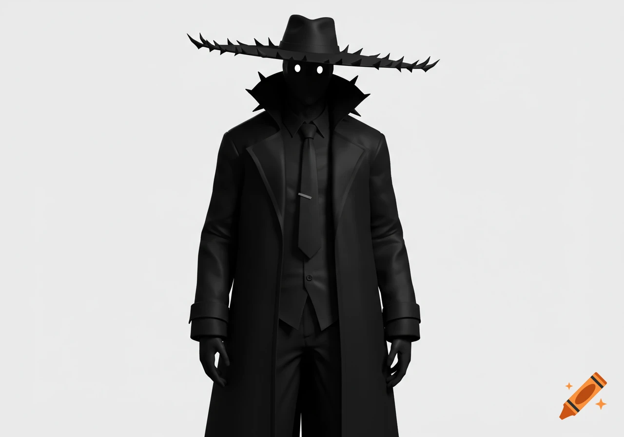 A mysterious character in a black trench coat and suit, wearing a wide-brimmed hat with spikes, and glowing white eyes against a white background.