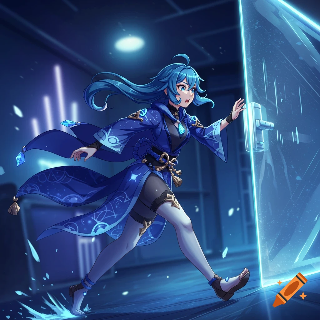 Anime-style character Furina from Genshin Impact running through a dark, futuristic hallway towards a glowing glass door.