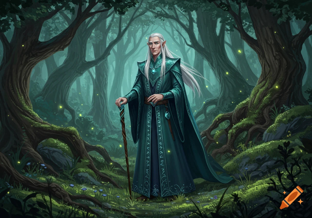 An old elven male with long white hair and pointed ears, wearing a teal-green robe with ornate patterns, stands in a mystical forest with glowing fireflies.