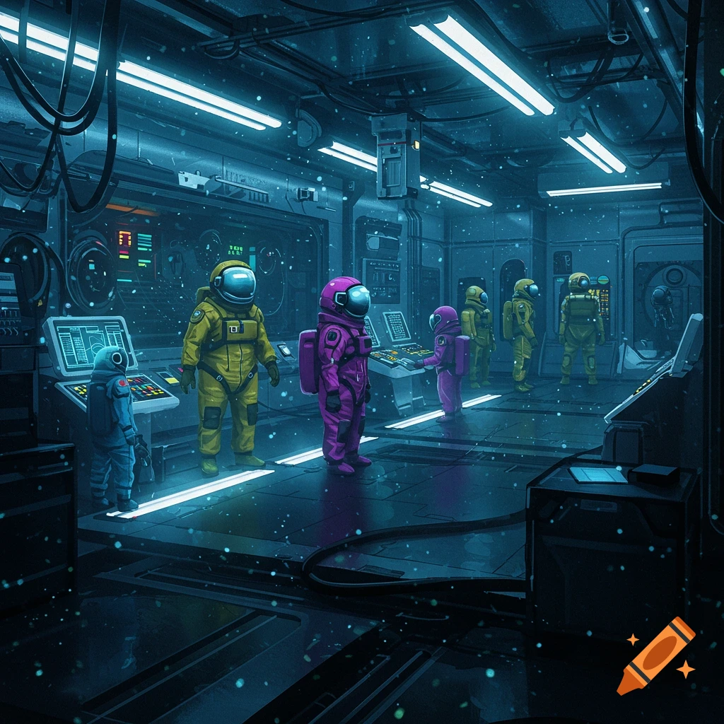Among Us characters in a dimly lit spaceship control room with glowing screens and ambient light.