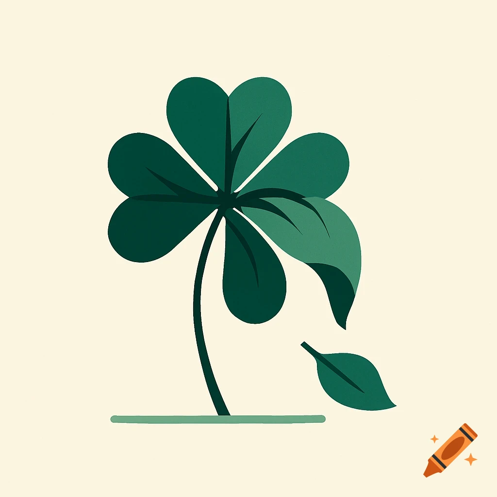 A minimalist illustration of a dark green four-leaf clover with one lighter green leaf detached and falling to the right, against a light beige background.