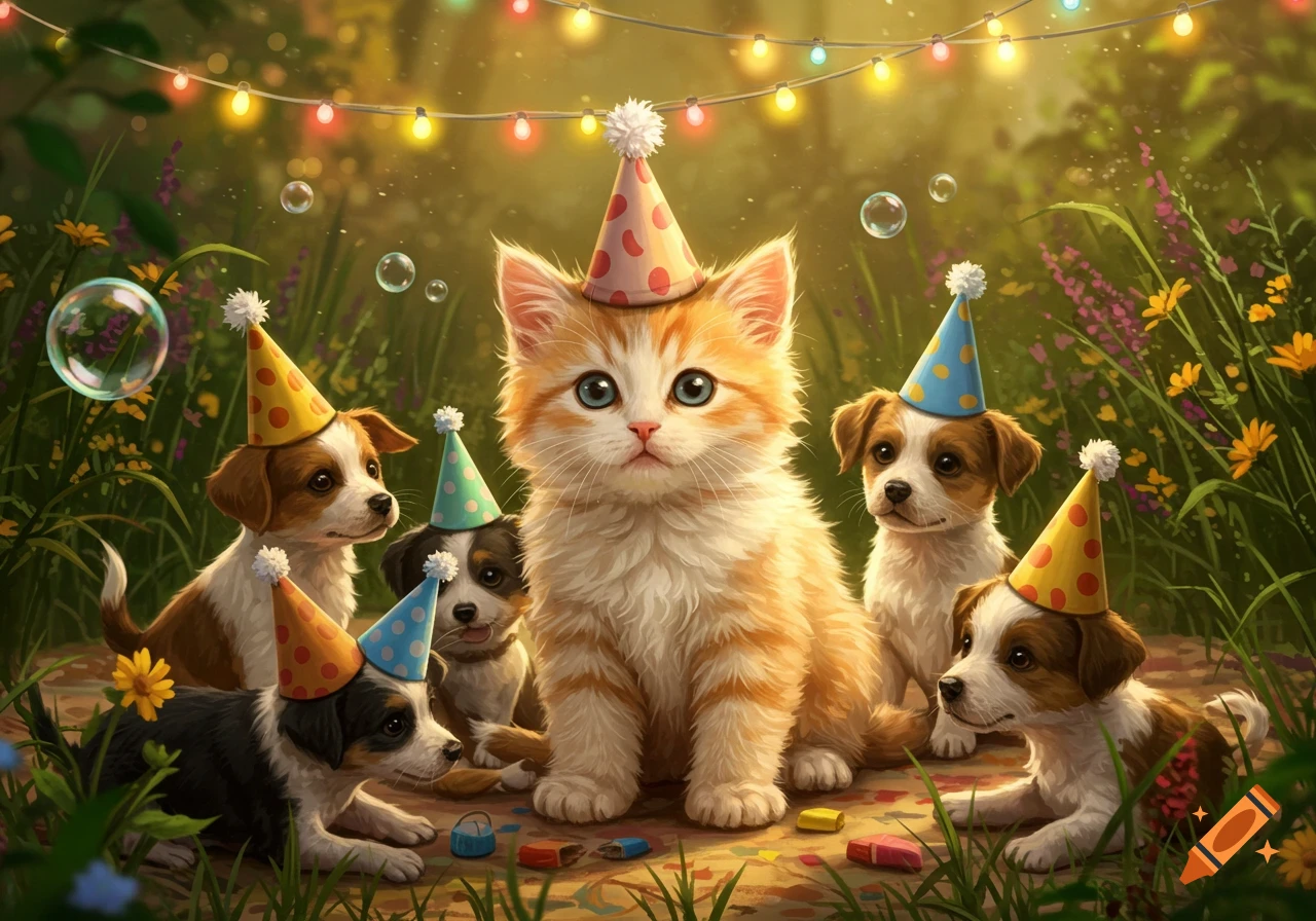 A cute fluffy orange and white kitten wearing a pink party hat sits among five puppies wearing colorful party hats in a lush, illuminated garden setting.