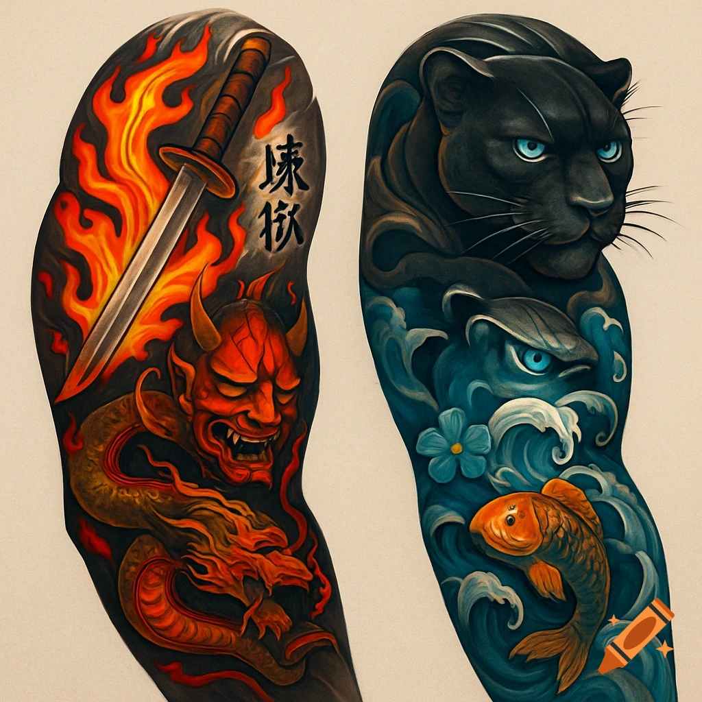 Two Japanese-style tattoo sleeves: one with a red oni mask, dragon, sword, and flames; the other with a black panther, koi fish, waves, and blue flowers.