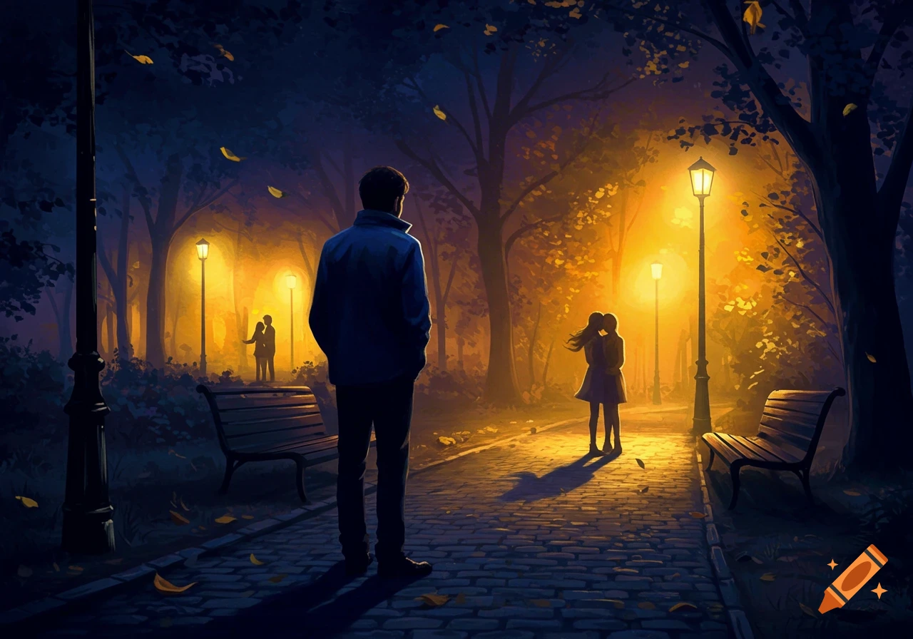 Stylized illustration of a man in a dark park at night, watching couples embracing under glowing streetlights.