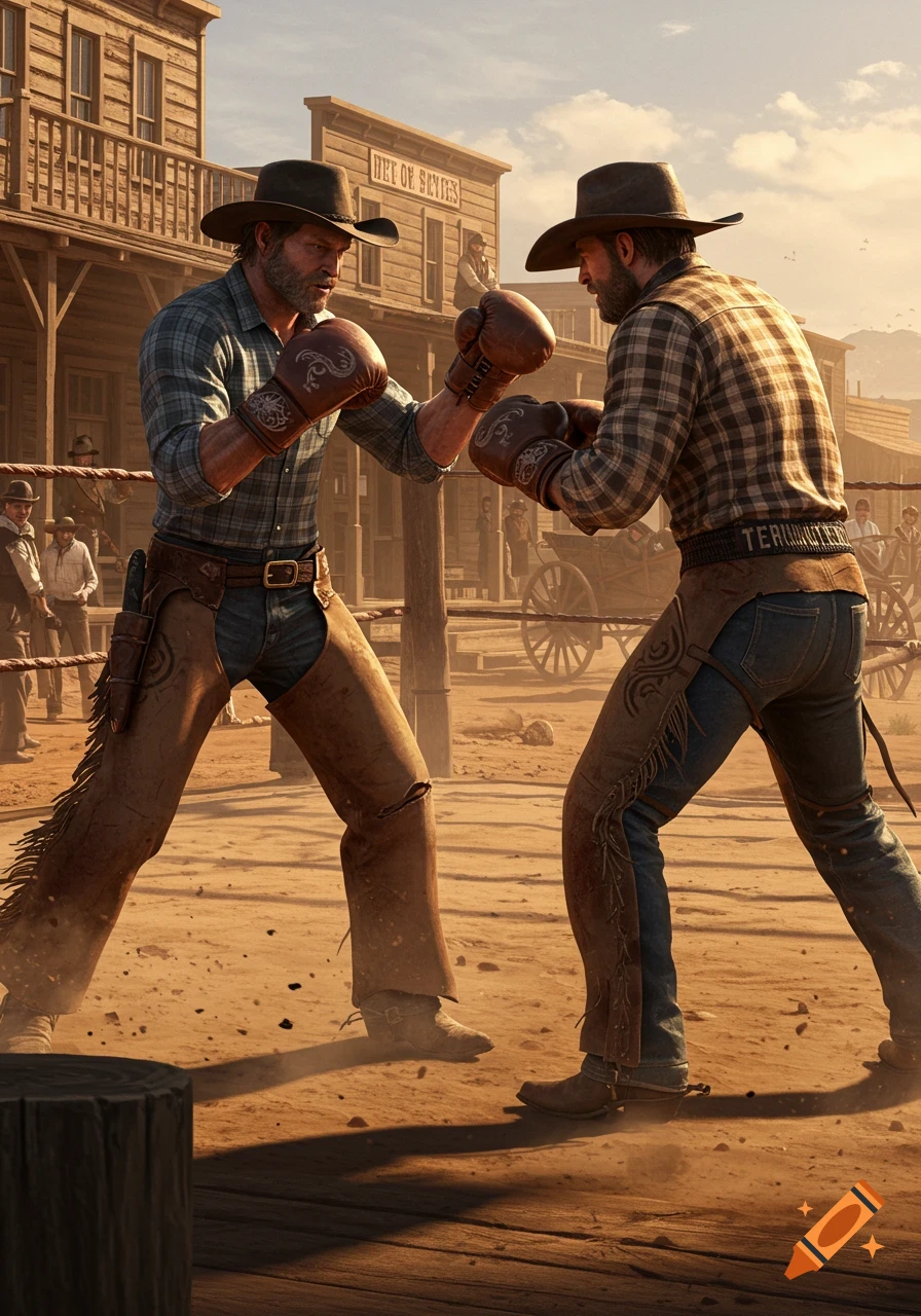 Two cowboys in boxing gloves fight in a dirt ring in front of a saloon in a Wild West town.