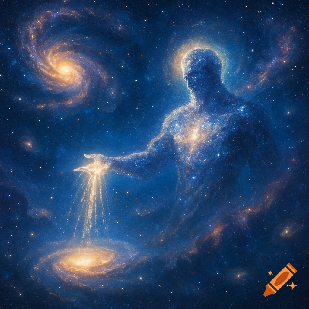 A luminous cosmic figure composed of stars and galaxies, pouring a stream of golden light into a swirling spiral galaxy in deep space.