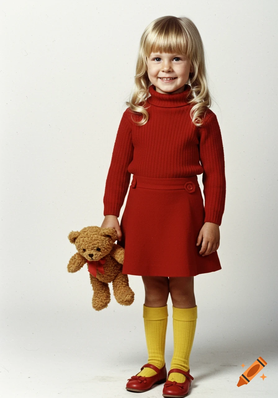 A young girl with blonde hair wearing a red turtleneck, red skirt, yellow socks, and red Mary Jane shoes holds a teddy bear and smiles.