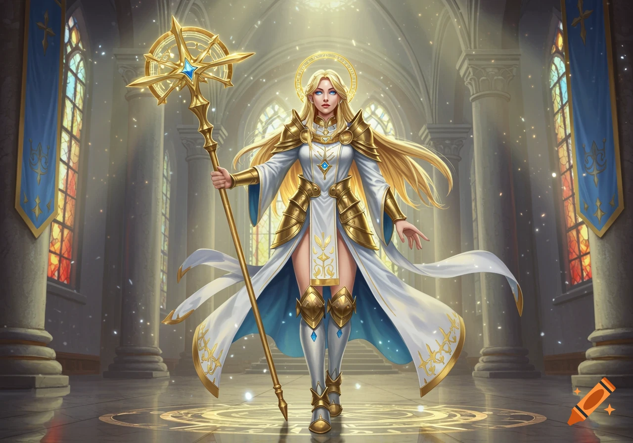 A blonde-haired priestess with glowing blue eyes in white and gold armor holds a golden staff in a grand church.
