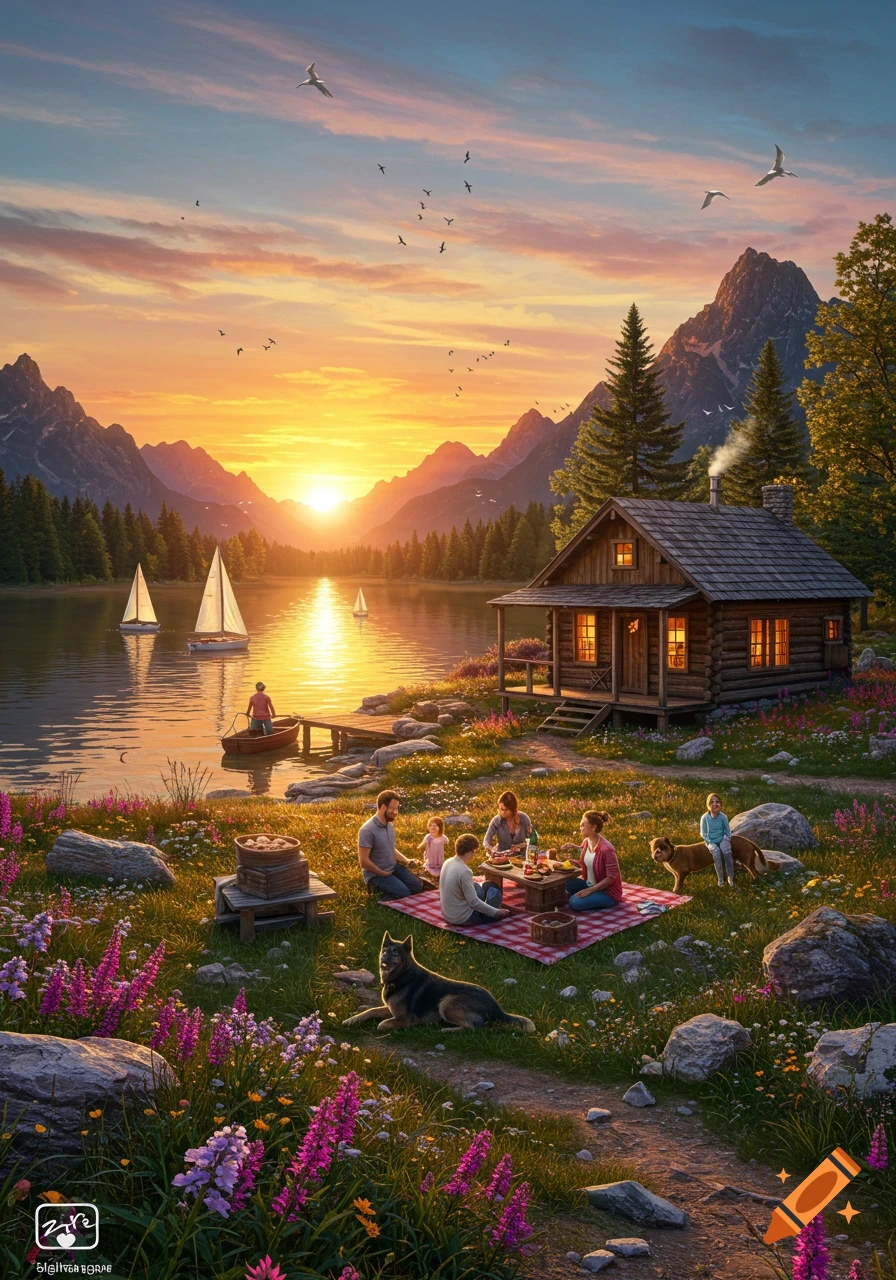 A family picnics with their dogs by a cozy cabin overlooking a tranquil lake at sunset, surrounded by mountains and wildflowers, with sailboats on the water.