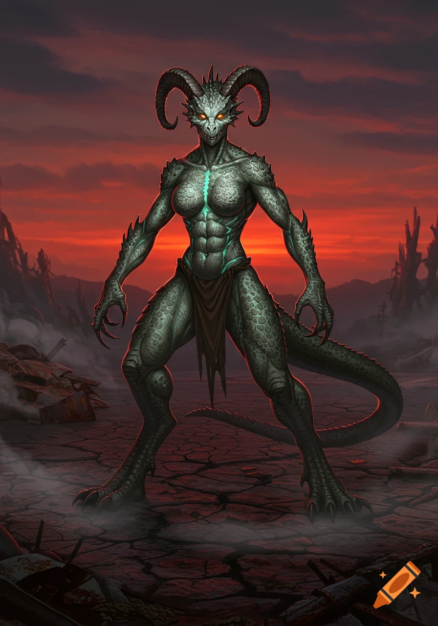 A muscular, horned reptilian monster with glowing eyes stands on cracked earth under a red sky.