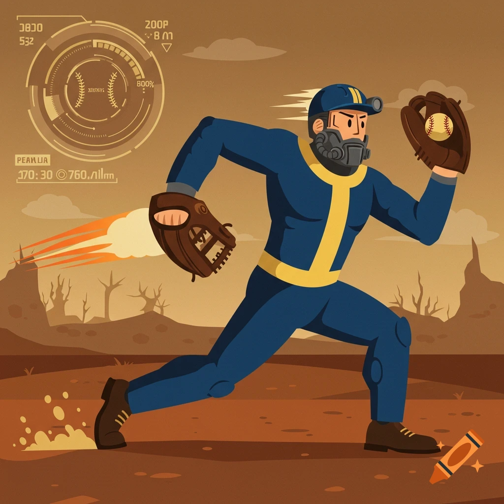 A cartoon character resembling Vault Boy from Fallout, in a blue and yellow jumpsuit and gas mask, running with baseball gloves, in a wasteland with a HUD overlay.