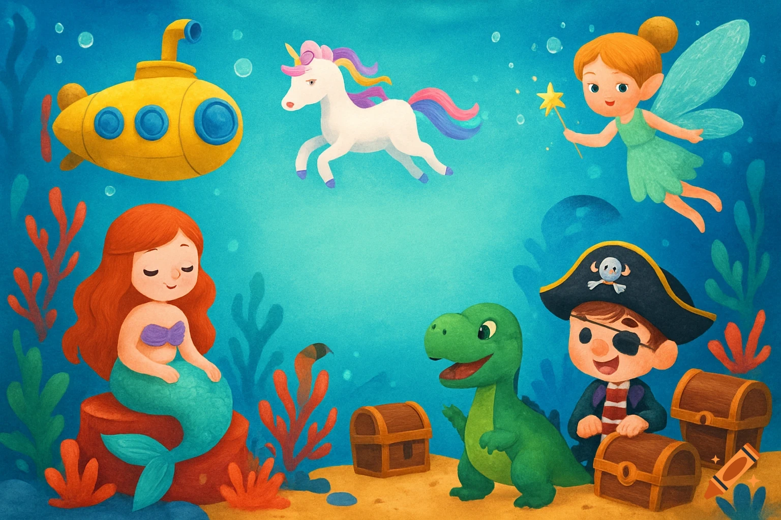 Colorful children's illustration of an underwater scene with a mermaid, fairy, pirate, dinosaur, unicorn, and submarine.