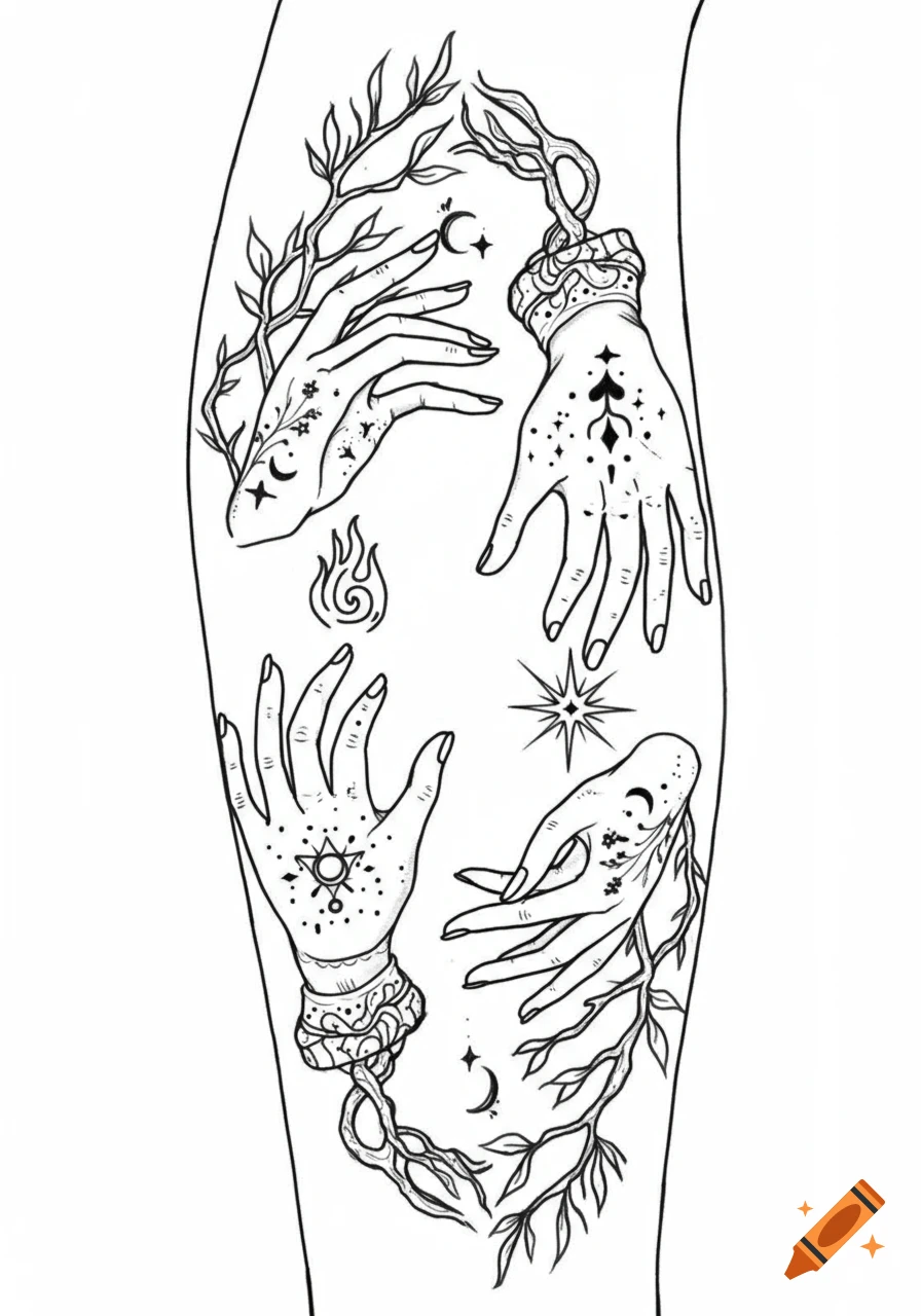Black and white tattoo design featuring four stylized hands with mystical symbols, vines, and a flame, arranged vertically.