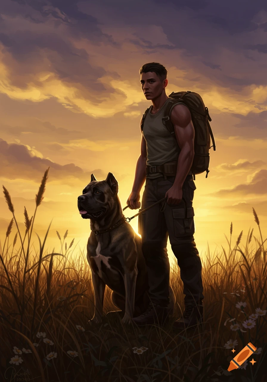 A man with a backpack stands beside a large dog on a leash in a grassy field at sunset. Illustrated style.
