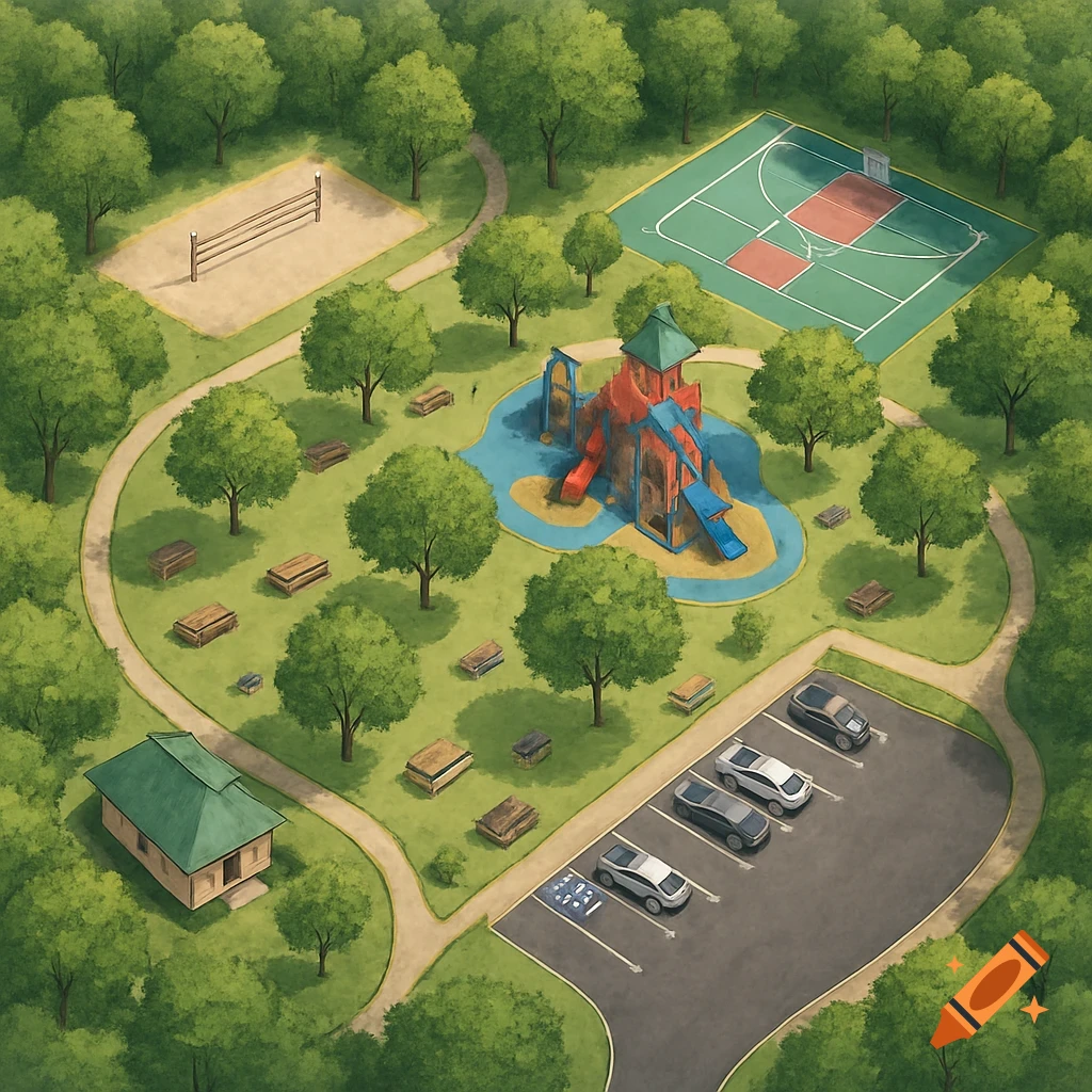 An aerial view of a community park with a playground, basketball court, volleyball court, restroom, and parking lot surrounded by trees and walking paths.