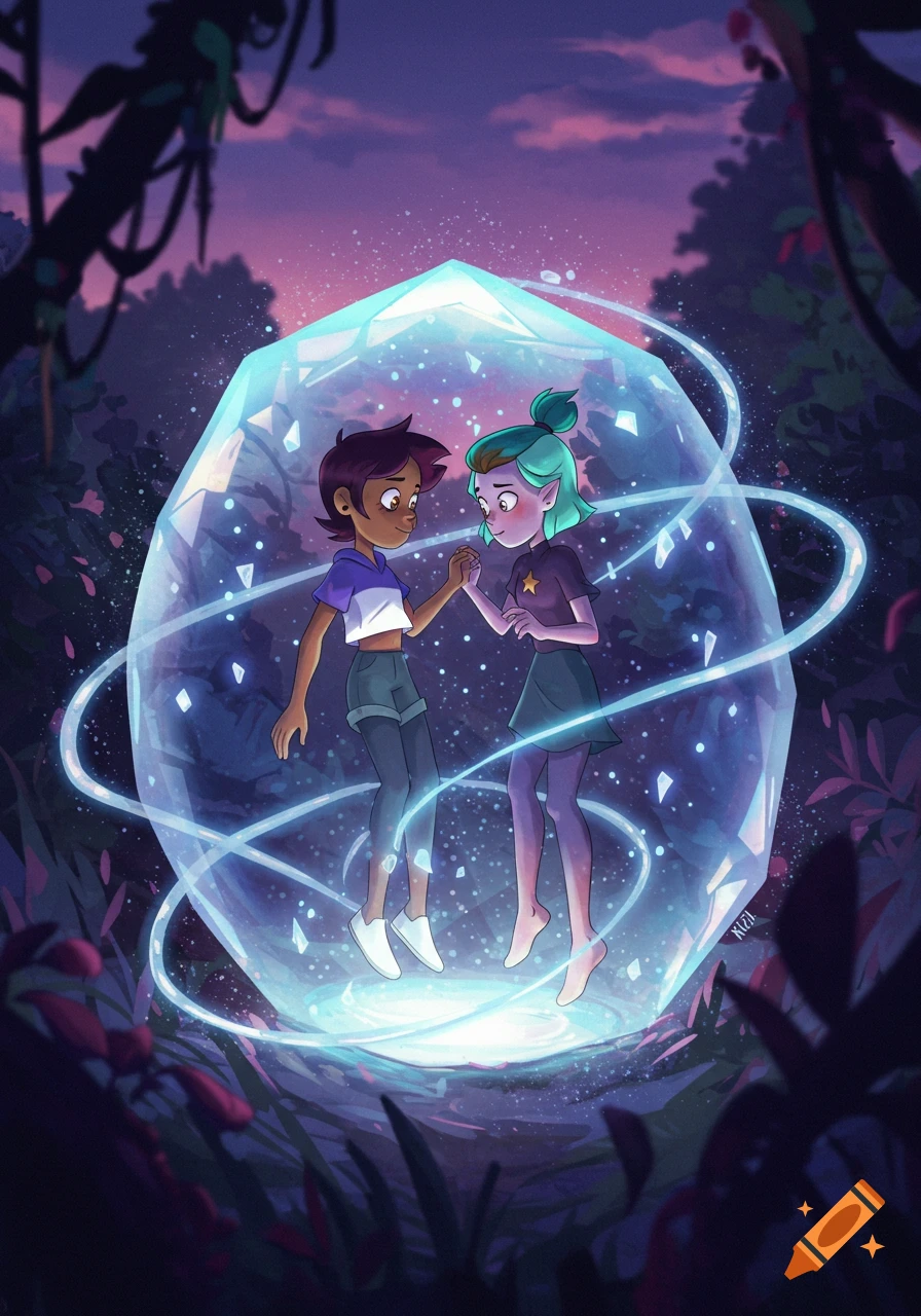 Luz and Amity from The Owl House holding hands inside a shimmering, glowing crystal stasis field in a dark forest at dusk, cartoon style.